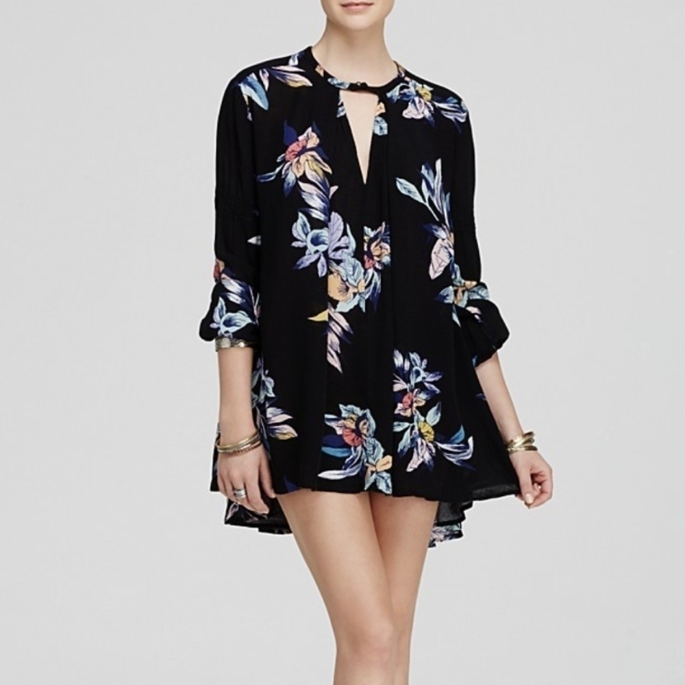Women's Free People Black and Colorful Tree Swing Tropical Tunic Top Size Small